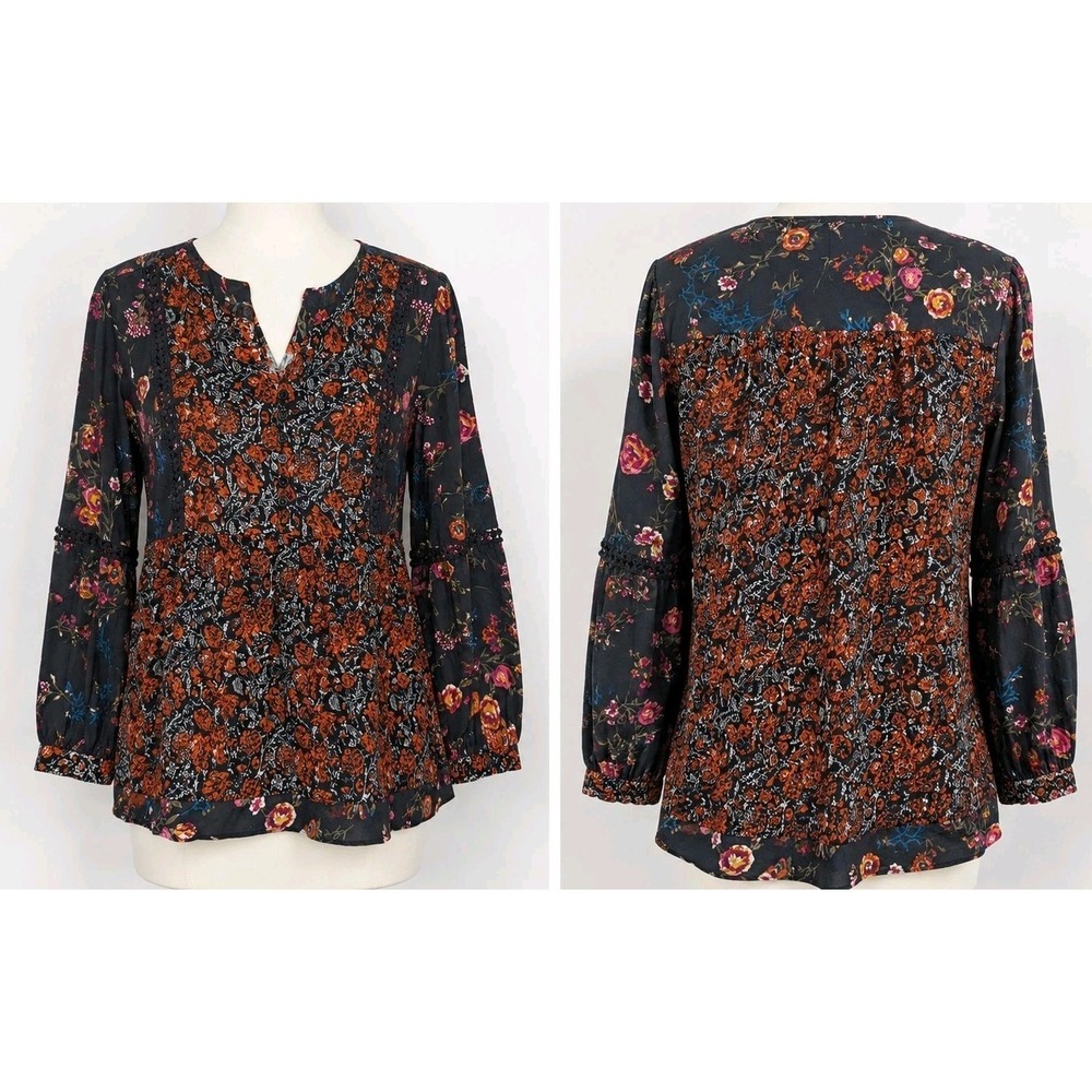 Intro Love Petite PL Floral Boho Tunic Blouse Black Orange Crochet Trim